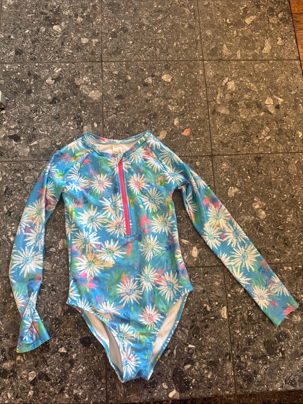 Cat & Jack Blue Floral Long Sleeve One-Piece Swimsuit with Pink Zip